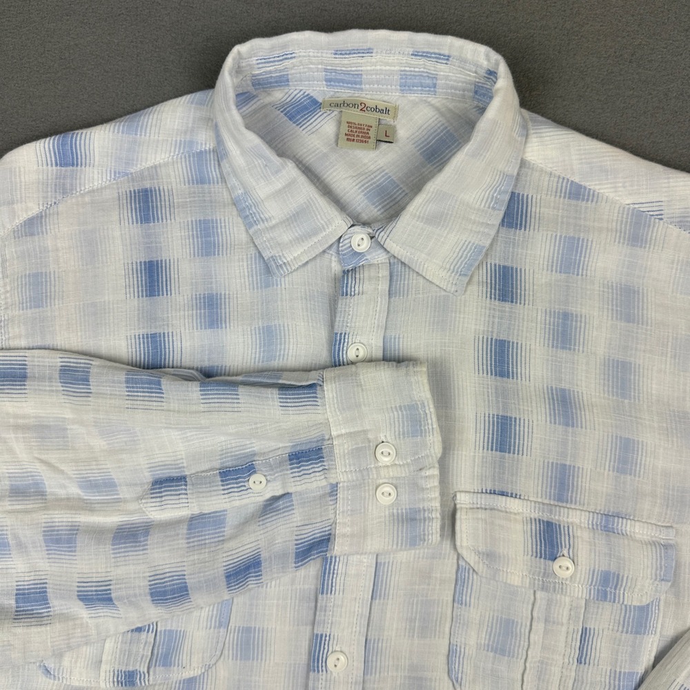 Carbon2Cobalt Mens Blue White Plaid Cotton Gauze Button Down Shirt Large L